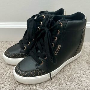 Guess Black and Gold High-Top Wedge Sneakers